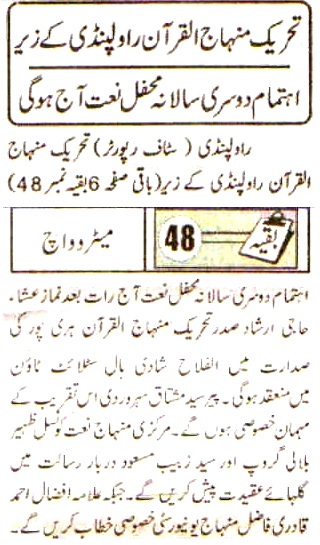 Minhaj-ul-Quran  Print Media CoverageDaily Matro Watch